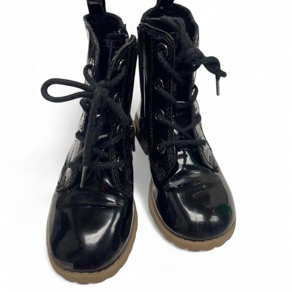 Black patent leather lace up boots